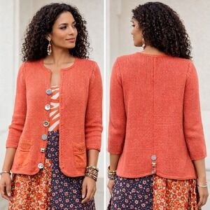 PURE HANDKNIT Salmon Pink/Metallic Mixed Button Cardigan Sweater M/L Art To Wear